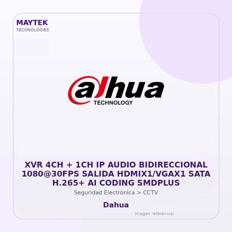 Dahua XVR 4CH + 1CH IP Audio Bidireccional 1080@30FPS Salida HDMIX1/VGAX1 SATA H.265+ AI Coding Smdplus
