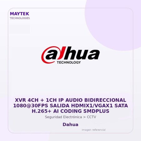Dahua XVR 4CH + 1CH IP Audio Bidireccional 1080@30FPS Salida HDMIX1/VGAX1 SATA H.265+ AI Coding Smdplus
