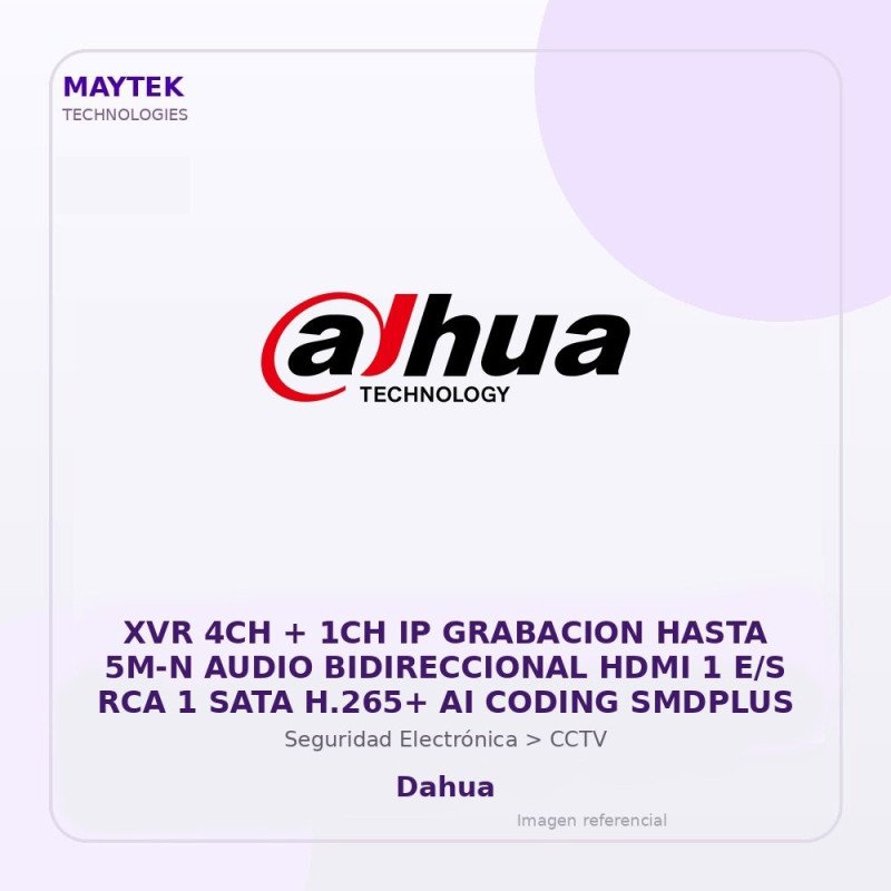 Dahua XVR 4CH + 1CH IP Grabacion Hasta 5M-N Audio Bidireccional HDMI 1 E/S RCA 1 SATA H.265+ AI Coding Smdplus