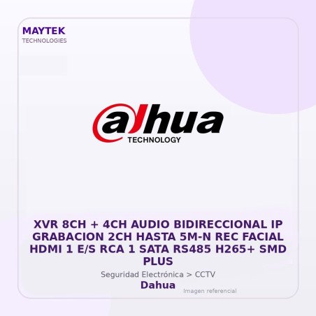 Dahua XVR 8CH + 4CH Audio Bidireccional IP Grabacion 2CH Hasta 5M-N REC Facial HDMI 1 E/S RCA 1 SATA RS485 H265+ SMD PLUS