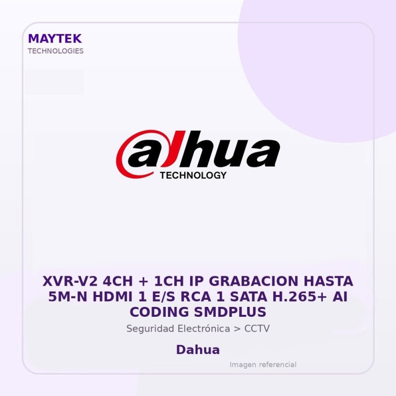 Dahua XVR-V2 4CH + 1CH IP Grabacion Hasta 5M-N HDMI 1 E/S RCA 1 SATA H.265+ AI Coding Smdplus