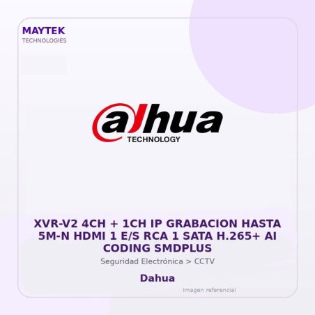 Dahua XVR-V2 4CH + 1CH IP Grabacion Hasta 5M-N HDMI 1 E/S RCA 1 SATA H.265+ AI Coding Smdplus
