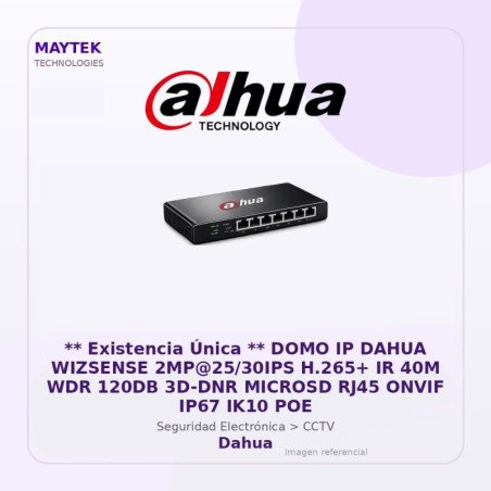 DOMO IP Dahua Wizsense 2MP@25/30IPS H.265+ IR 40M WDR 120DB 3D-DNR Microsd RJ45 Onvif IP67 IK10 POE