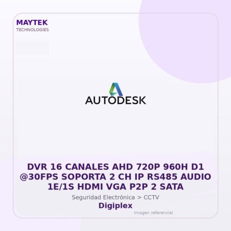 Digiplex DVR 16 Canales AHD 720P 960H D1 @30FPS Soporta 2 CH IP RS485 Audio 1E/1S HDMI VGA P2P 2 SATA