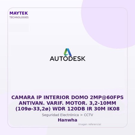Hanwha CAMARA IP INTERIOR DOMO 2MP@60FPS ANTIVAN. VARIF. MOTOR. 3,2-10MM (109ø-33,2ø) WDR 120DB IR 30M IK08