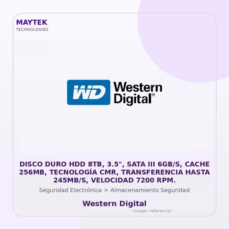 Western Digital Disco Duro Hdd 8Tb, 3.5", Sata Iii 6Gb/S, Cache 256Mb, Tecnología Cmr, Transferencia Hasta 245Mb/S, Velocidad 7