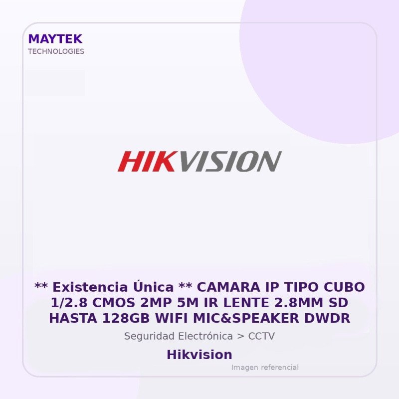 Hikvision Camara IP TIPO CUBO 1/2.8 CMOS 2MP 5M IR Lente 2.8MM SD Hasta 128GB WIFI Mic&speaker DWDR