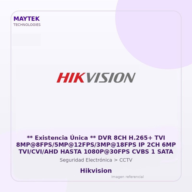 Hikvision DVR 8CH H.265+ TVI 8MP@8FPS/5MP@12FPS/3MP@18FPS IP 2CH 6MP TVI/CVI/AHD Hasta 1080P@30FPS CVBS 1 SATA
