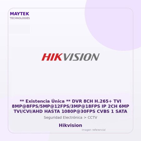 Hikvision DVR 8CH H.265+ TVI 8MP@8FPS/5MP@12FPS/3MP@18FPS IP 2CH 6MP TVI/CVI/AHD Hasta 1080P@30FPS CVBS 1 SATA