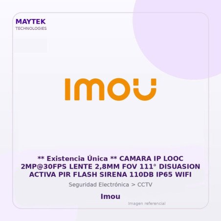 Imou Camara IP LOOC 2MP@30FPS Lente 2,8MM FOV 111° Disuasion Activa PIR Flash Sirena 110DB IP65 WIFI