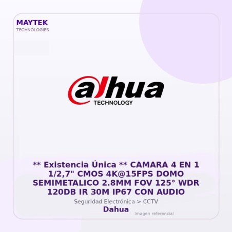 Camara 4 en 1 1/2,7" CMOS 4K@15FPS DOMO Semimetalico 2.8MM FOV 125° WDR 120DB IR 30M IP67 con Audio