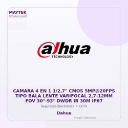 Camara 4 en 1 1/2,7" CMOS 5MP@20FPS TIPO BALA Lente Varifocal 2,7-12MM FOV 30°-93° DWDR IR 30M IP67