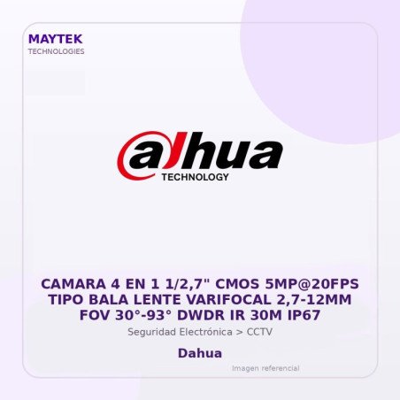 Camara 4 en 1 1/2,7" CMOS 5MP@20FPS TIPO BALA Lente Varifocal 2,7-12MM FOV 30°-93° DWDR IR 30M IP67