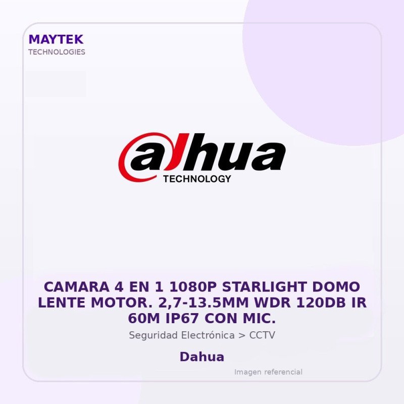 Camara 4 en 1 1080P Starlight DOMO Lente Motor. 2,7-13.5MM WDR 120DB IR 60M IP67 con MIC.