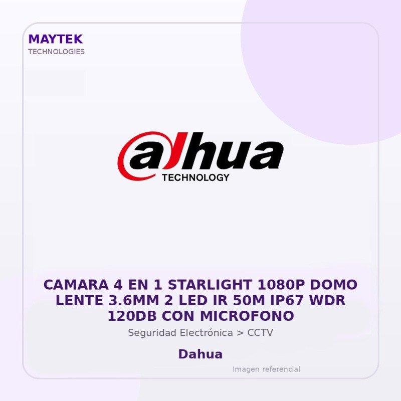 Camara 4 en 1 Starlight 1080P DOMO Lente 3.6MM 2 LED IR 50M IP67 WDR 120DB con Microfono