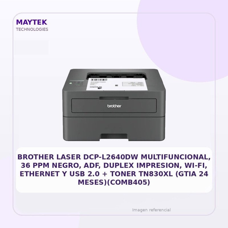 Brother Laser Dcp-l2640dw Multifuncional, 36 Ppm Negro, ADF, Duplex Impresion, Wi-fi, Ethernet Y USB 2.0 + Toner Tn830xl