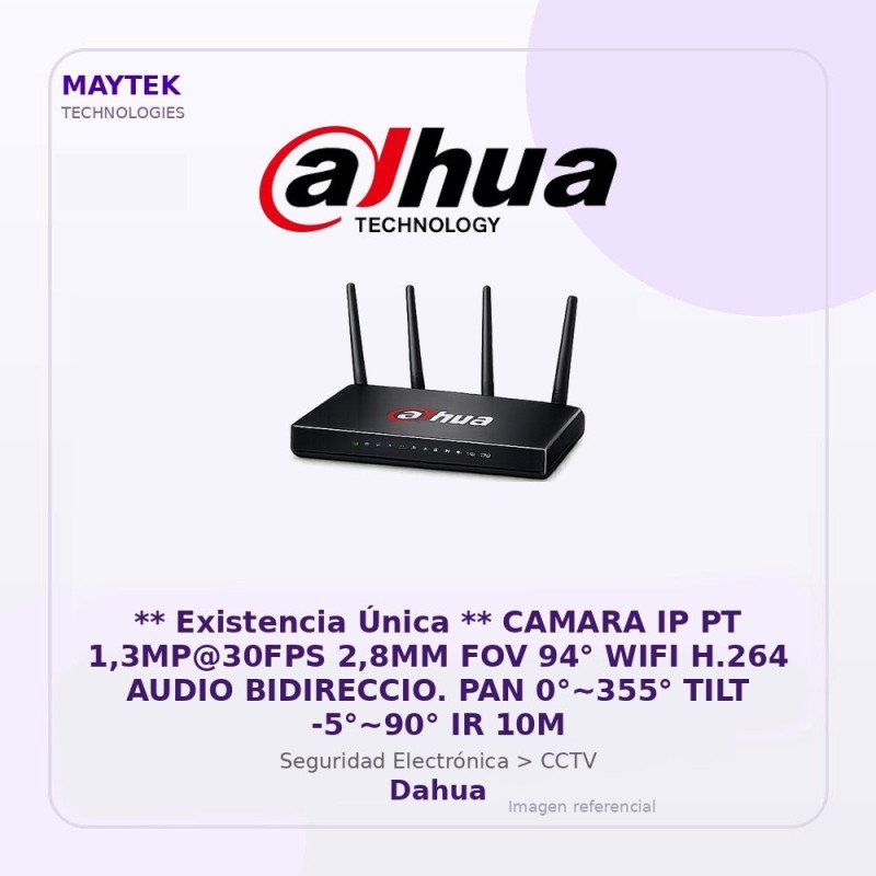 Camara IP PT 1,3MP@30FPS 2,8MM FOV 94° WIFI H.264 Audio Bidireccio. PAN 0°~355° TILT -5°~90° IR 10M