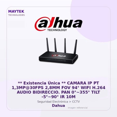 Camara IP PT 1,3MP@30FPS 2,8MM FOV 94° WIFI H.264 Audio Bidireccio. PAN 0°~355° TILT -5°~90° IR 10M