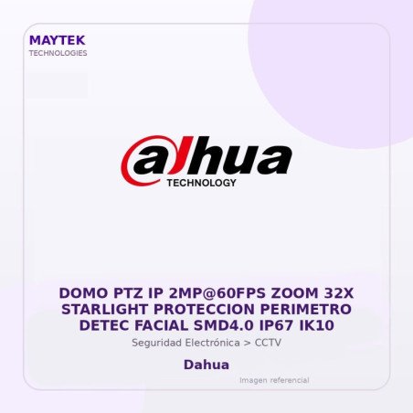 DOMO PTZ IP 2MP@60FPS ZOOM 32X Starlight Proteccion Perimetro Detec Facial SMD4.0 IP67 IK10