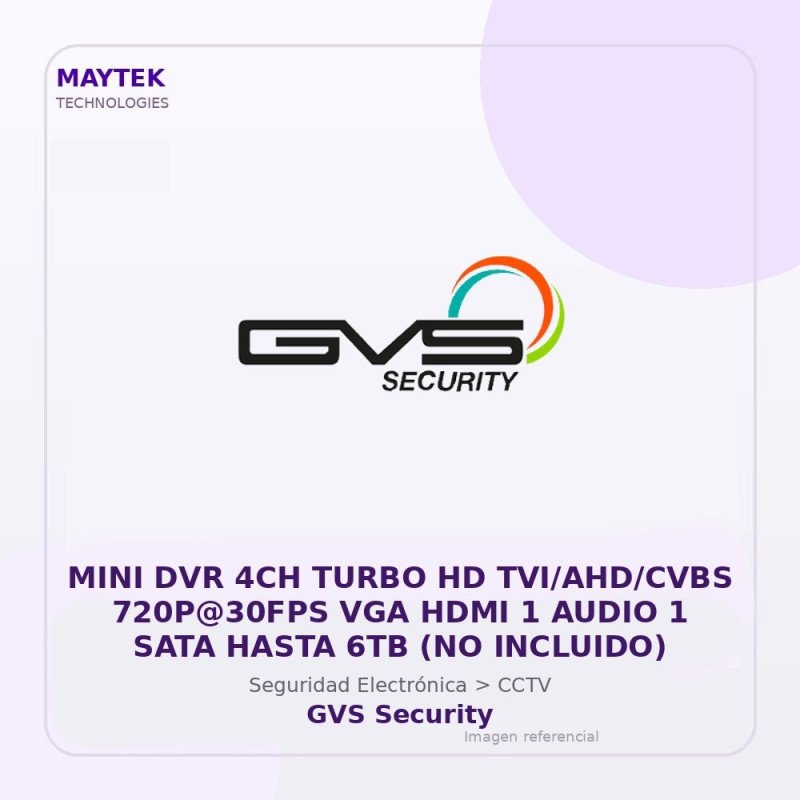 MINI DVR 4CH Turbo HD TVI/AHD/CVBS 720P@30FPS VGA HDMI 1 Audio 1 SATA Hasta 6TB (NO Incluido)
