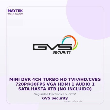 MINI DVR 4CH Turbo HD TVI/AHD/CVBS 720P@30FPS VGA HDMI 1 Audio 1 SATA Hasta 6TB (NO Incluido)