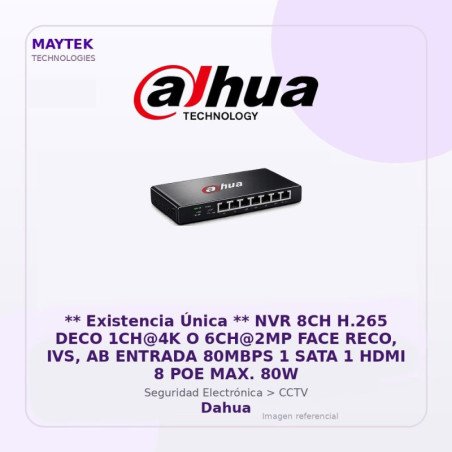 NVR 8CH H.265 DECO 1CH@4K O 6CH@2MP FACE RECO, IVS, AB Entrada 80MBPS 1 SATA 1 HDMI 8 POE MAX. 80W