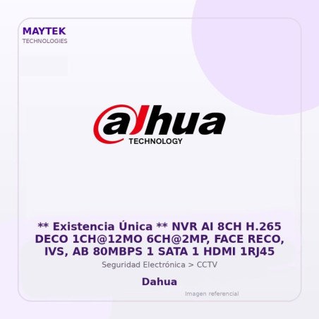 NVR AI 8CH H.265 DECO 1CH@12MO 6CH@2MP, FACE RECO, IVS, AB 80MBPS 1 SATA 1 HDMI 1RJ45