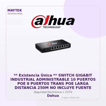 Switch Gigabit Industrial Administrable 10 Puertos POE 8 Puertos Trans POE Larga Distancia 250M NO Incluye Fuente