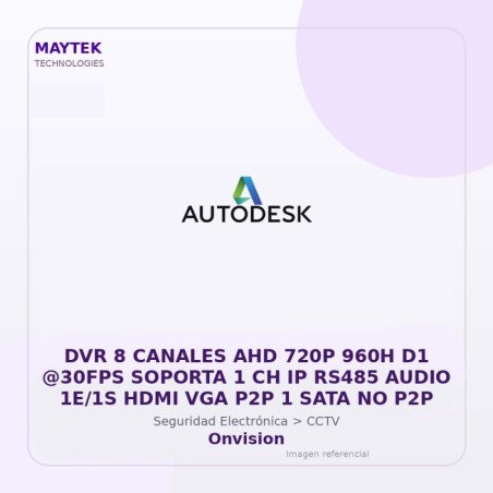 Onvision DVR 8 Canales AHD 720P 960H D1 @30FPS Soporta 1 CH IP RS485 Audio 1E/1S HDMI VGA P2P 1 SATA NO P2P