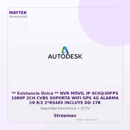 Streamax NVR Móvil IP 4CH@30FPS 1080P 2CH CVBS Soporta WIFI GPS 4G Alarma I/0 8/2 2*RS485 Incluye DD 1TB