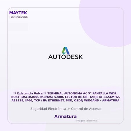 Armatura Terminal Autonoma AC 5" Pantalla WDR, ROSTROS:10.000, Palmas: 5.000, Lector de QR, Tarjeta 13,56MHZ. AES128, IP66, TCP