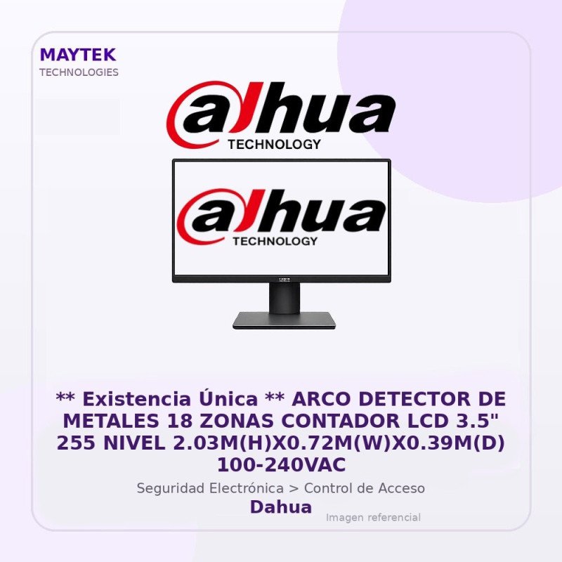 Dahua ARCO Detector de Metales 18 Zonas Contador LCD 3.5" 255 Nivel 2.03M(H)X0.72M(W)X0.39M(D) 100-240VAC