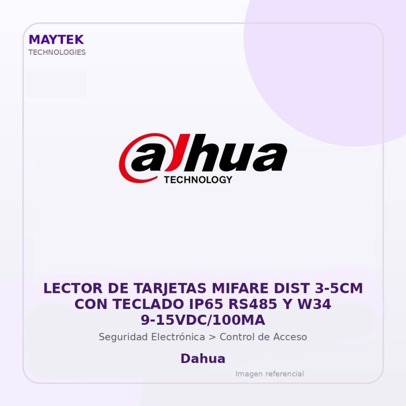 Dahua Lector de Tarjetas Mifare DIST 3-5CM con Teclado IP65 RS485 y W34 9-15VDC/100MA