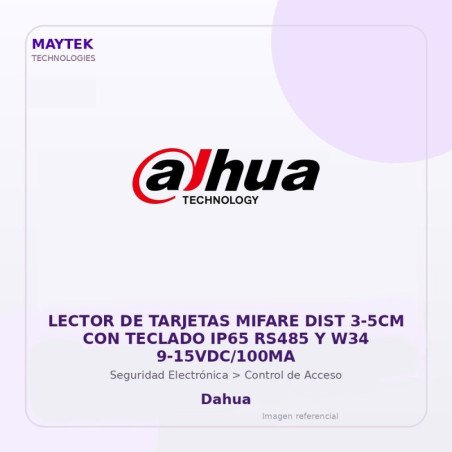 Dahua Lector de Tarjetas Mifare DIST 3-5CM con Teclado IP65 RS485 y W34 9-15VDC/100MA