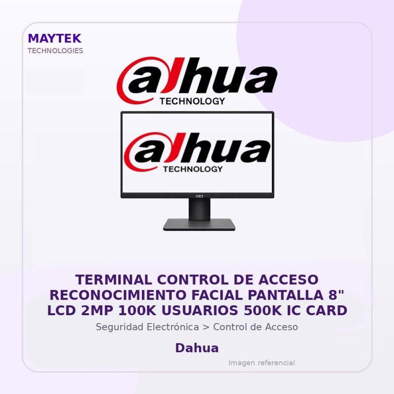 Dahua Terminal Control de Acceso Reconocimiento Facial Pantalla 8" LCD 2MP 100K Usuarios 500K IC CARD