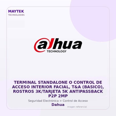 Dahua Terminal Standalone O Control de Acceso Interior Facial, T&A (basico), Rostros 3K/TARJETA 5K Antipassback P2P 2MP