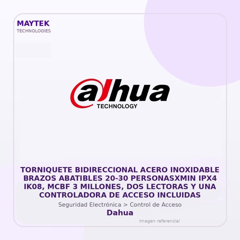 Dahua Torniquete Bidireccional Acero Inoxidable Brazos Abatibles 20-30 Personasxmin IPX4 IK08, MCBF 3 Millones, DOS Lectoras y