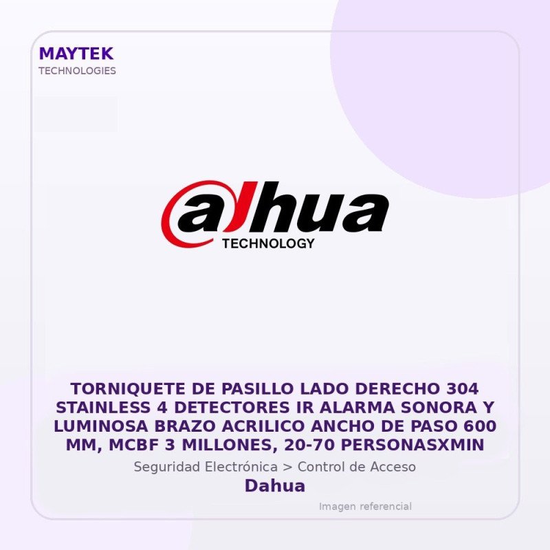 Dahua Torniquete de Pasillo LADO Derecho 304 Stainless 4 Detectores IR Alarma Sonora y Luminosa Brazo Acrilico Ancho de PASO 600