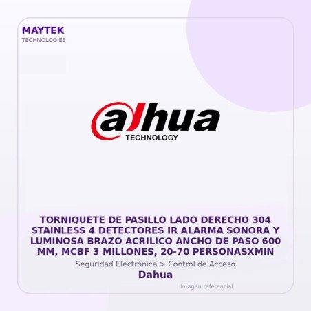 Dahua Torniquete de Pasillo LADO Derecho 304 Stainless 4 Detectores IR Alarma Sonora y Luminosa Brazo Acrilico Ancho de PASO 600