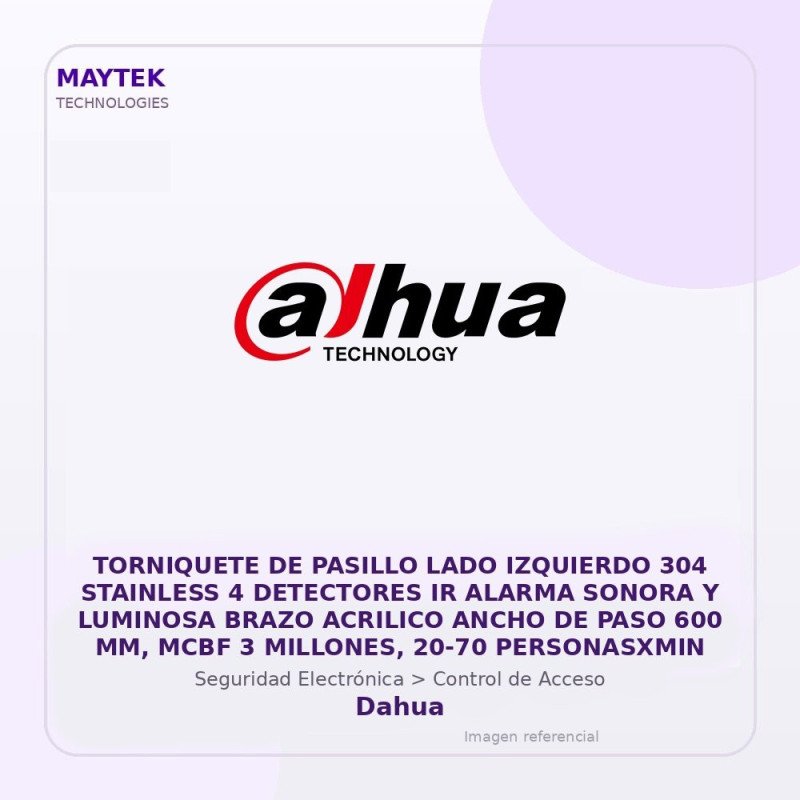 Dahua Torniquete de Pasillo LADO Izquierdo 304 Stainless 4 Detectores IR Alarma Sonora y Luminosa Brazo Acrilico Ancho de PASO