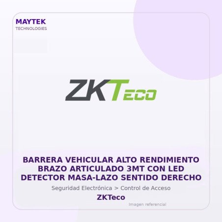 ZKTeco Barrera Vehicular ALTO Rendimiento Brazo Articulado 3MT con LED Detector MASA-LAZO Sentido Derecho