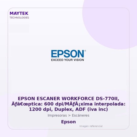 Epson Escaner Workforce Ds-770ii, Ãƒâ€œptica: 600 Dpi/mãƒâ¡xima Interpolada: 1200 Dpi, Duplex, Adf