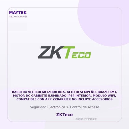 ZKTeco Barrera Vehicular Izquierda, ALTO Desempeño, Brazo 6MT, Motor DC Gabinete Iluminado IP54 Interior, Modulo WIFI
