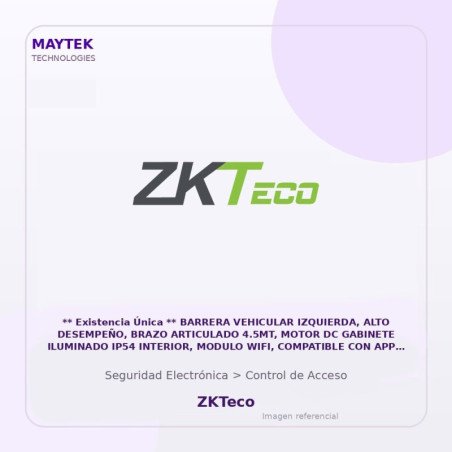 ZKTeco Barrera Vehicular Izquierda, ALTO Desempeño, Brazo Articulado 4.5MT, Motor DC Gabinete Iluminado IP54 Interior, Modulo