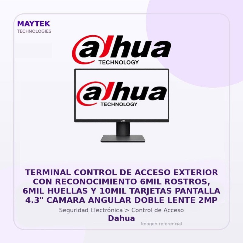 Dahua Terminal Control De Acceso Exterior Con Reconocimiento 6Mil Rostros, 6Mil Huellas Y 10Mil Tarjetas Pantalla 4.3" Camara A