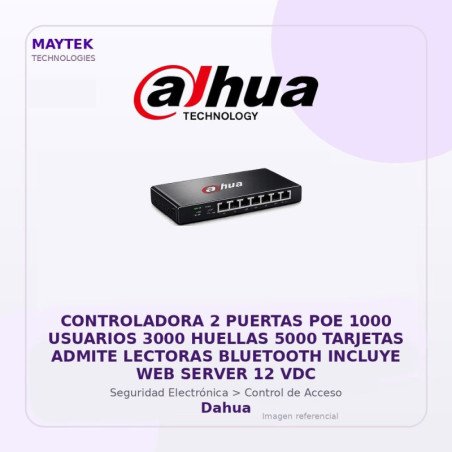 Dahua Controladora 2 Puertas POE 1000 Usuarios 3000 Huellas 5000 Tarjetas Admite Lectoras Bluetooth Incluye Web Server 12 Vdc