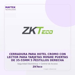 ZKTeco Cerradura para Hotel Cromo con Lector para Tarjetas Mifare Puertas de 35-55MM 5 Pestillos Derecha