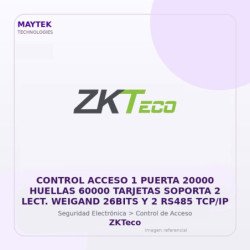 ZKTeco Control Acceso 1 Puerta 20000 Huellas 60000 Tarjetas Soporta 2 LECT. Weigand 26BITS y 2 RS485 TCP/IP