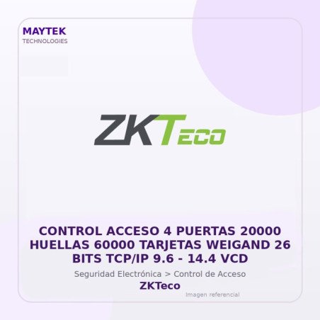 ZKTeco Control Acceso 4 Puertas 20000 Huellas 60000 Tarjetas Weigand 26 BITS TCP/IP 9.6 | 14.4 VCD