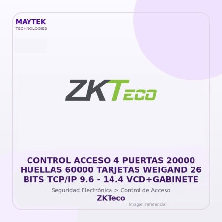 ZKTeco Control Acceso 4 Puertas 20000 Huellas 60000 Tarjetas Weigand 26 BITS TCP/IP 9.6 | 14.4 Vcd+gabinete